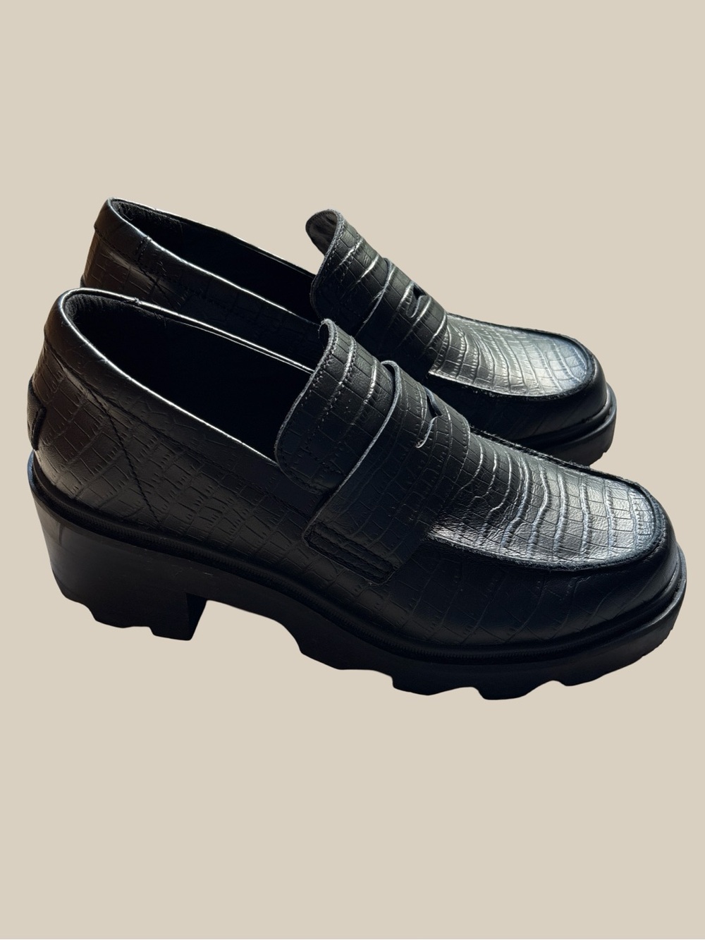 SOREL Womens Black Joan Now City Loafers Croc Embossed Waterproof Leather SZ 9.5
